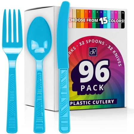 DecorRack 96 Pieces Plastic Cutlery Set, Disposable Forks, Knives, Spoons, Party Utensils, Turquoise (96 Pack)