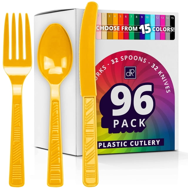 DecorRack 96 Pieces Plastic Cutlery Set, Disposable Forks, Knives, Spoons, Party Utensils, Yellow (96 Pack)