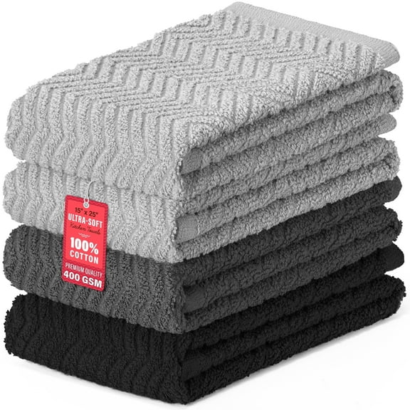 DecorRack Kitchen Towels, 100% Cotton, 15" x 25", Grey Colors (4 Pack)