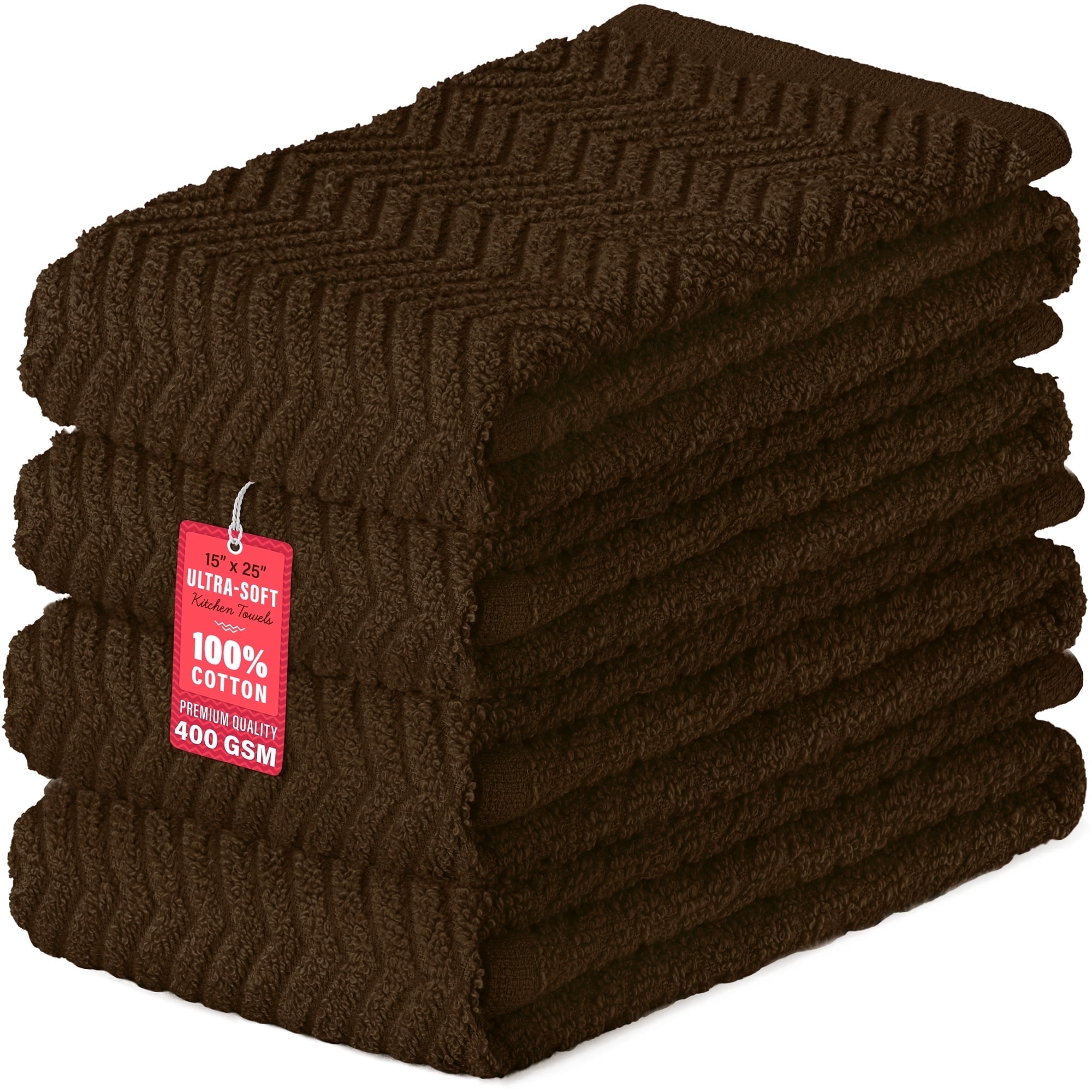 DecorRack Large Kitchen Towels Set, Dish Towels, 100% Cotton, 15" x 25" Quick Drying Hand Towels, Espresso (4 Pack)