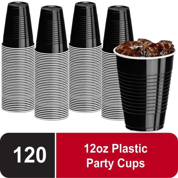DecorRack 120 Count Black Disposable Plastic Cups, 12 fl oz Party Drinking Cups, Recyclable & Durable, Black (Pack of 120)