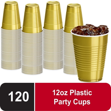 DecorRack 120 Count Gold Disposable Plastic Cups, 12 fl oz Party Drinking Cups, Recyclable & Durable, Gold (Pack of 120)