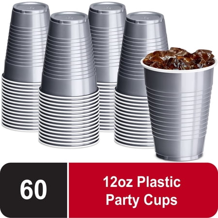 DecorRack 60 Count Silver Disposable Plastic Cups, 12 fl oz Party Drinking Cups, Recyclable & Durable (Pack of 60)