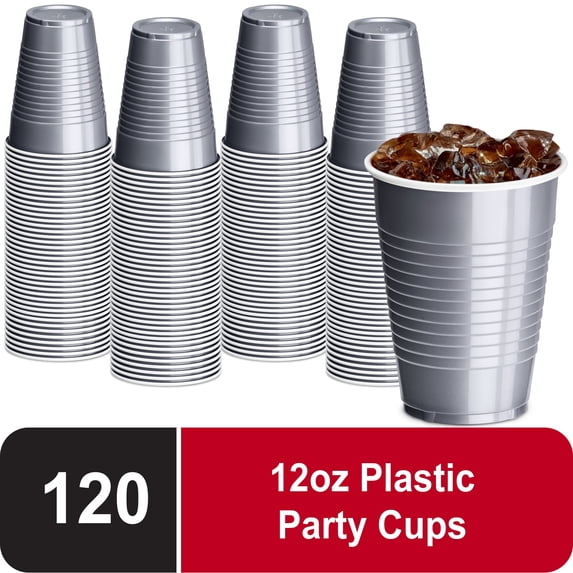 DecorRack 120 Count Silver Disposable Plastic Cups, 12 fl oz Party Drinking Cups, Recyclable & Durable, Silver (Pack of 120)