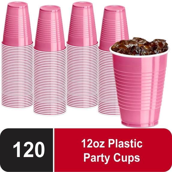 DecorRack 120 Count Pink Disposable Plastic Cups, 12 fl oz Party Drinking Cups, Recyclable & Durable, Pink (Pack of 120)
