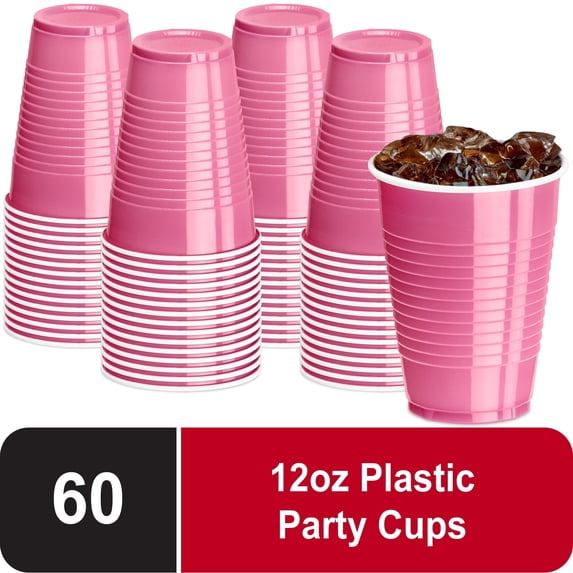 DecorRack 60 Count Pink Disposable Plastic Cups, 12 fl oz Party Drinking Cups, Recyclable & Durable (Pack of 60)