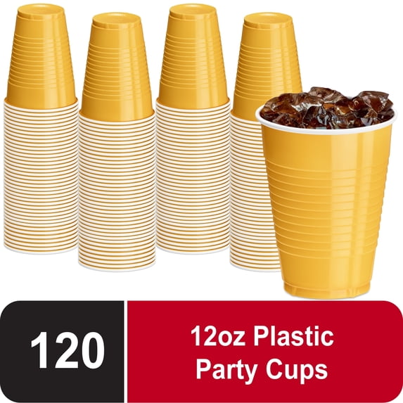 DecorRack 120 Count Yellow Disposable Plastic Cups, 12 fl oz Party Drinking Cups, Recyclable & Durable, Yellow (Pack of 120)
