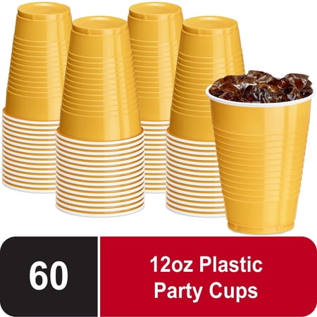 DecorRack 60 Count Yellow Disposable Plastic Cups, 12 fl oz Party Drinking Cups, Recyclable & Durable, Yellow (Pack of 60)