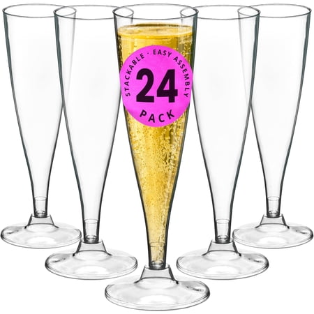 DecorRack 24 Pack Plastic Champagne Flutes, 5 oz Disposable Drinkware, Elegant Clear Plastic Cups for Mimosa, Toasting, Weddings, Parties, (Pack of 24)