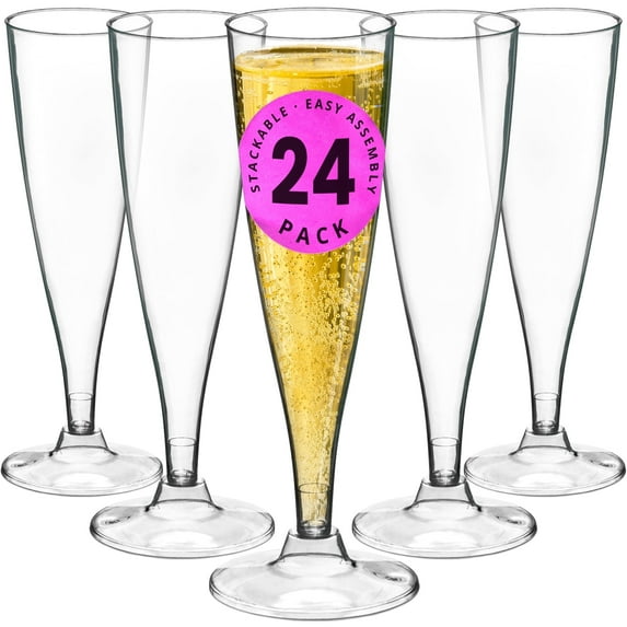 DecorRack 24 Pack Plastic Champagne Flutes, 5 oz Disposable Drinkware, Elegant Clear Plastic Cups for Mimosa, Toasting, Weddings, Parties, (Pack of 24)