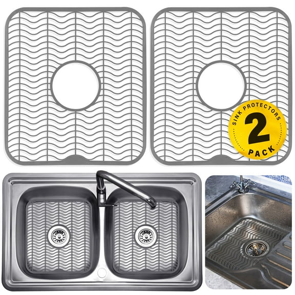 DecorRack Plastic Sink Protectors, 12" x 11" Kitchen Sink Mat, Gray (2 Pk)