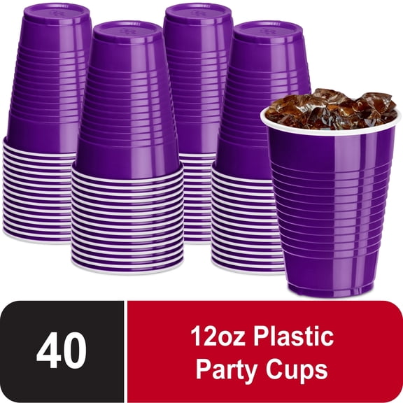 DecorRack 40 Count Purple Disposable Plastic Cups, 12 fl oz Party Drinking Cups, Recyclable & Durable, Purple (Pack of 40)