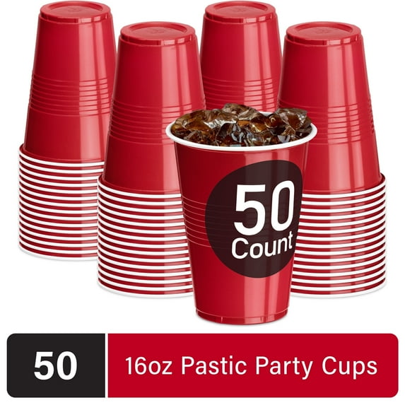 DecorRack Red Plastic Cups, 16 Fl Oz Large Red Disposable Cups (50 Count)
