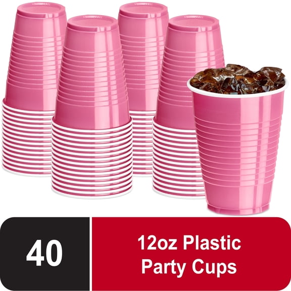 DecorRack 40 Count Pink Disposable Plastic Cups, 12 fl oz Party Drinking Cups, Recyclable & Durable, Pink (Pack of 40)