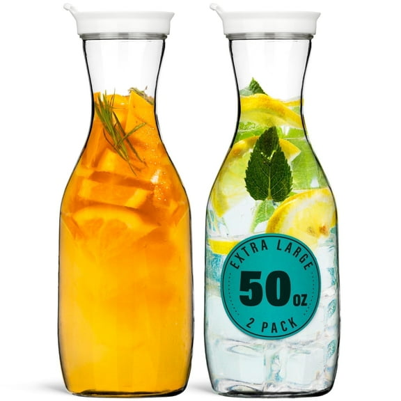 DecorRack Water Carafe with Flip Top Lid, 50oz Plastic Pitcher, Jug for Beverages, Mimosa Bar, Milk, Juice Containers (2 Pack)