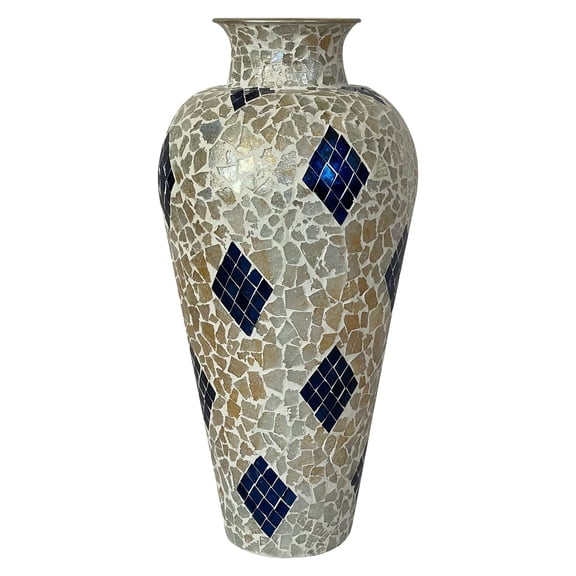 DecorShore 22" Iron Base Floor Vase with Glass Mosaic Tiles Overlay- Multi Turquoise Blue