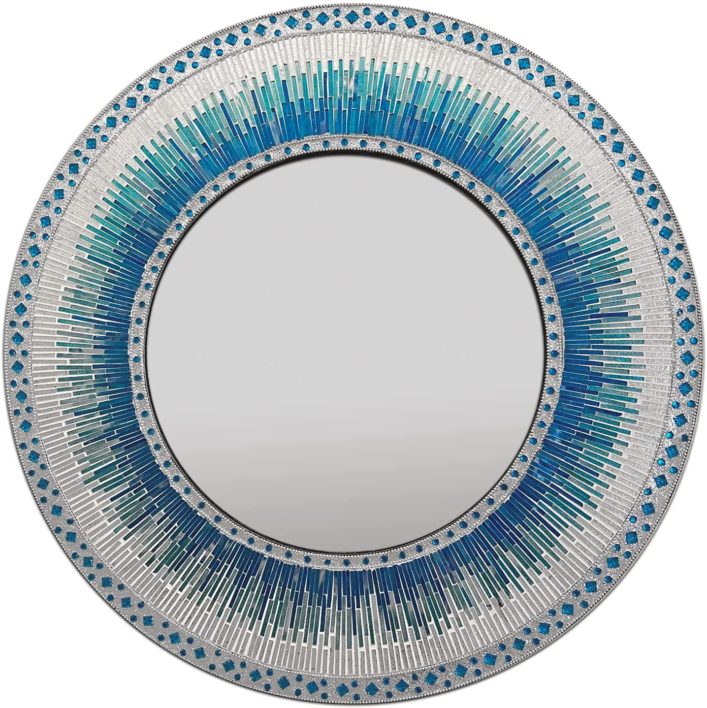 24" Round Blue and Silver Mosaic Glass Wall Mirror