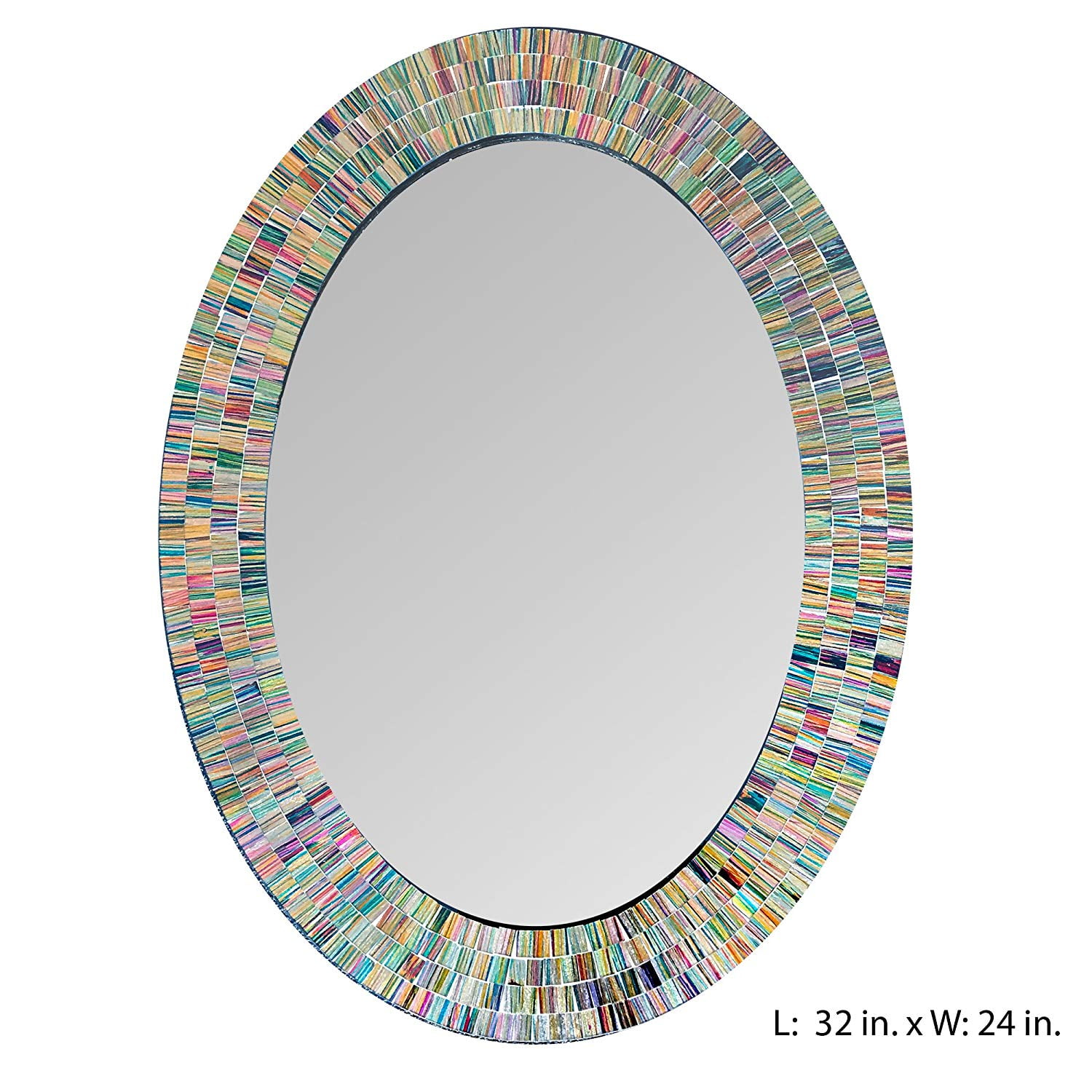 Bohemian Rainbow Mosaic Oval Wall Mirror with Glass Frame, 32" x 24"