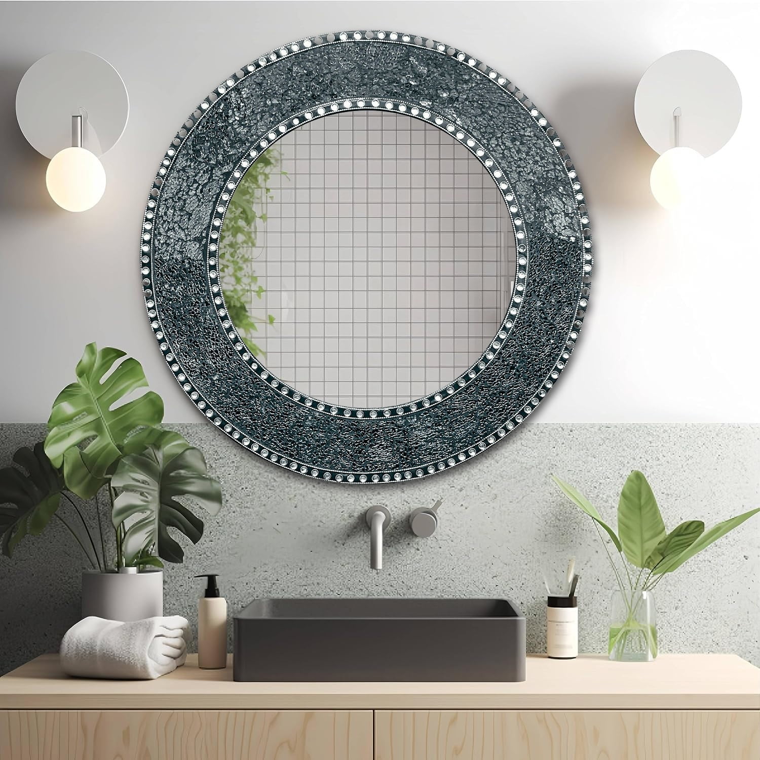 24-Inch Black Crackled Glass Mosaic Round Wall Mirror