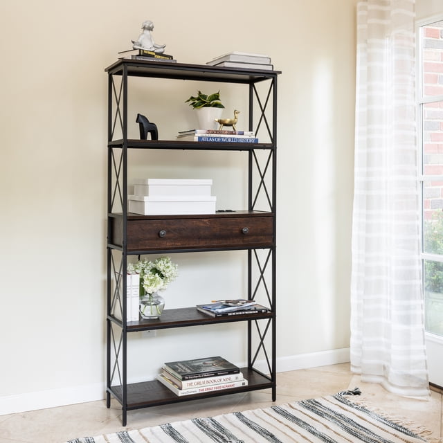 DecorTech 5 Shelf Bookcase with USB, AC Power Outlets and Drawer ...