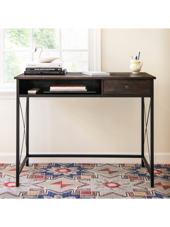 Industrial Metal and Wood 30 "H Writing Desk with Drawer, Walnut