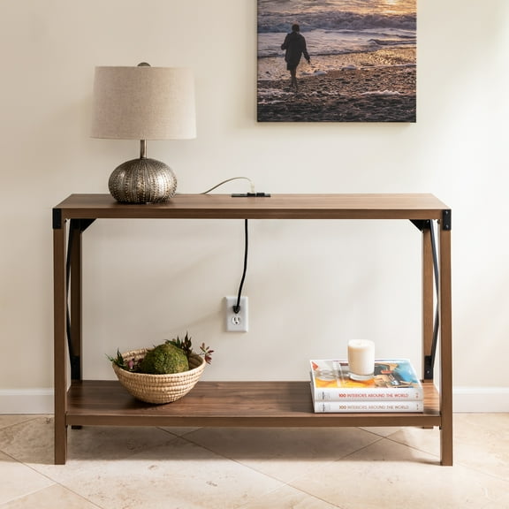 DecorTech Industrial Rectangular Wood Console Table with AC Power and USB Charging Ports, Walnut