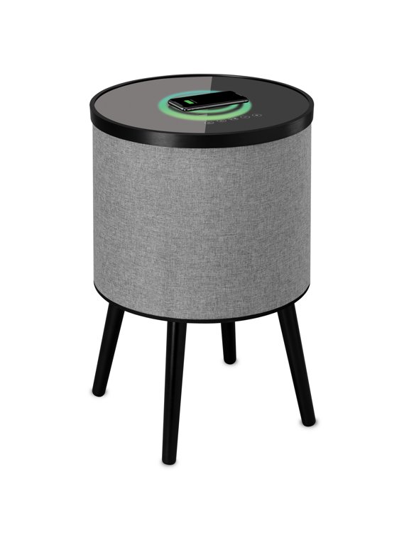 Round Bluetooth Speaker End Table with Wireless Charging, Gray