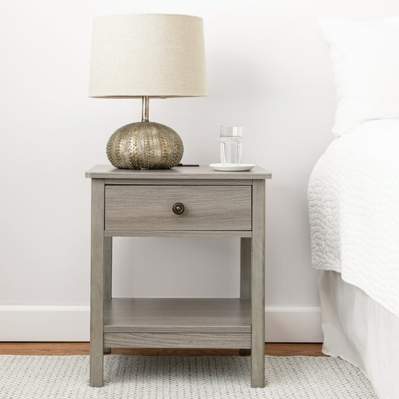 DecorTech Traditional Rectangular End Table with AC Power and USB Charging Ports, Grey