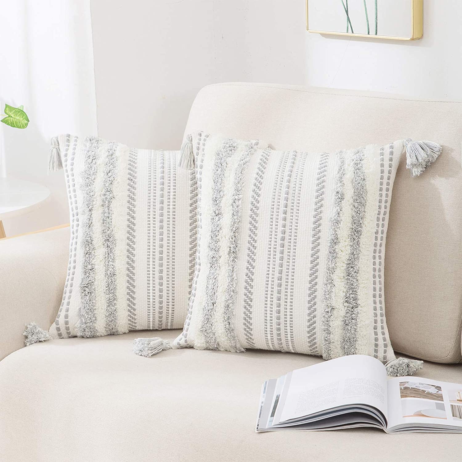 decorUhome 2 Pack Boho Decorative Throw Pillow Covers Tufted Woven with