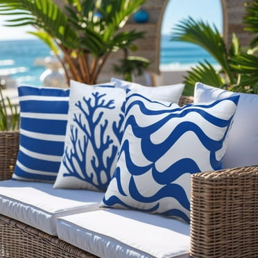 DecorX 18x18 Coastal Outdoor Decorative Pillow Covers, 5-Pack, Waterproof, Blue Nautical Design