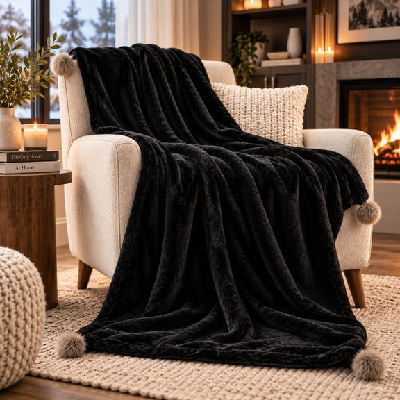 DecorX Black Flannel Fleece Throw Blanket 50x60 with Faux Fur Pom Poms