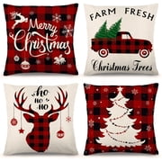 DecorX Christmas Pillow Covers 18x18 Set of 4 Farmhouse Black and Red Buffalo Check Plaid Throw Pillow Covers Outdoor Rustic Linen Pillow Case for Sofa Couch Christmas Decorations