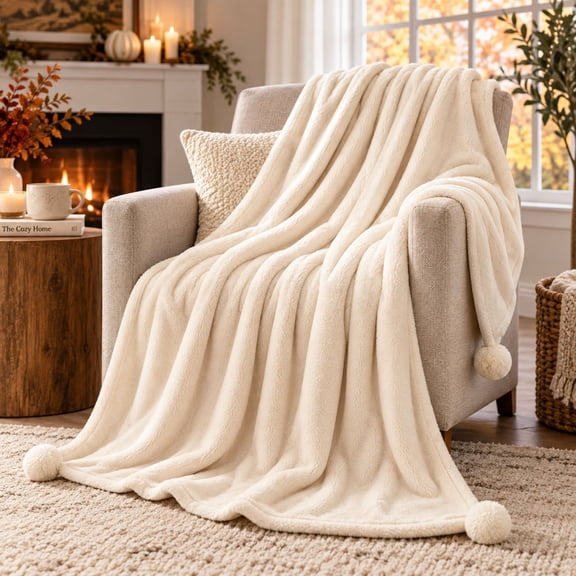DecorX Ivory Flannel Fleece Throw Blanket 50x60 with Pom Pom Accents