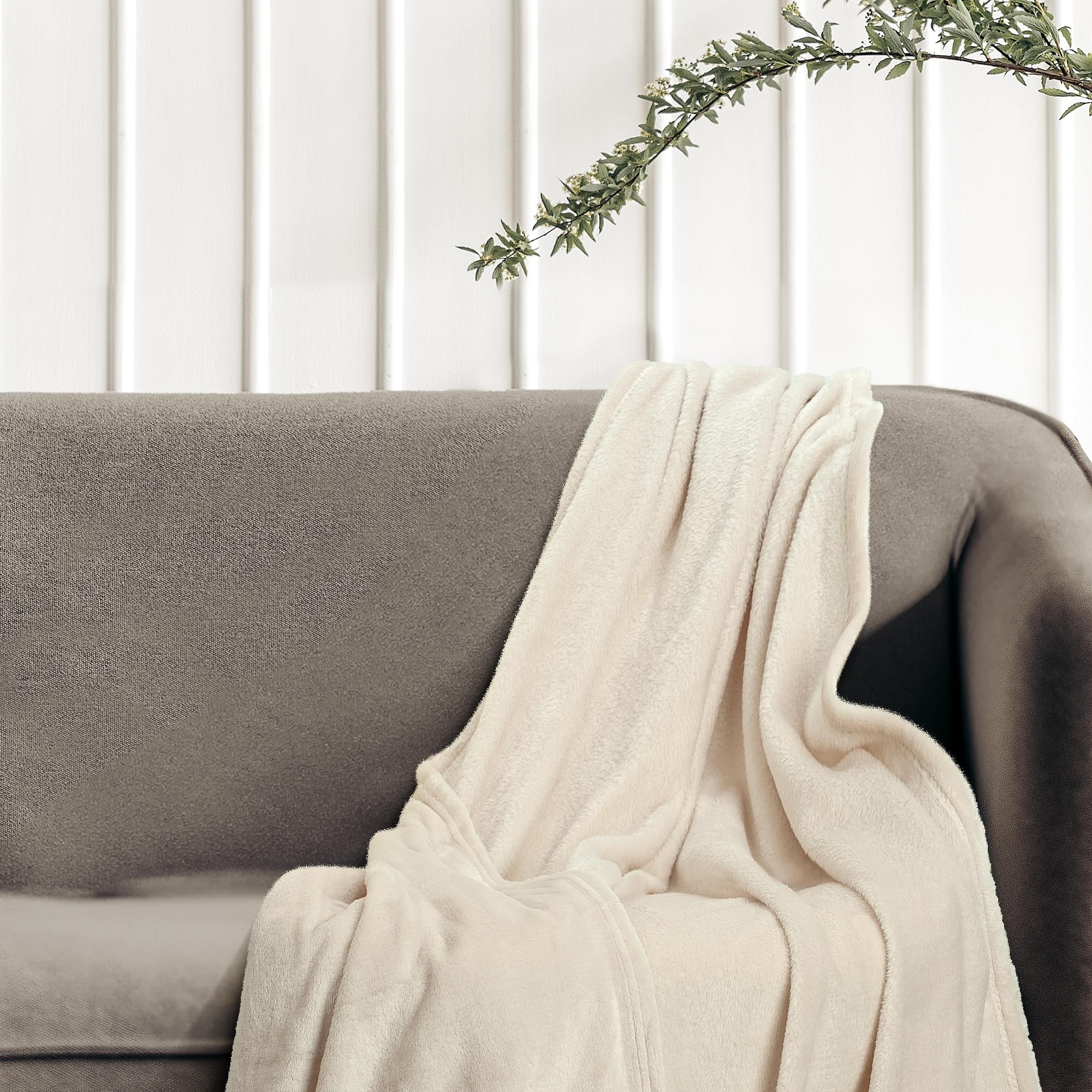 DecorX Cozy Flannel Throw Blanket - Soft & Cozy - Ivory with Fur Ball Accents - Ideal for Fall, Thanksgiving & Christmas Home Decor