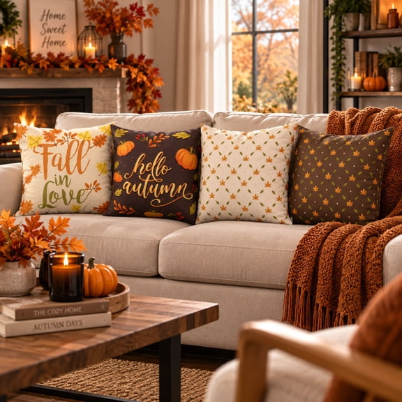 DecorX Fall Pillow Covers Set of 4, 18x18 Autumn Thanksgiving Farmhouse Decor
