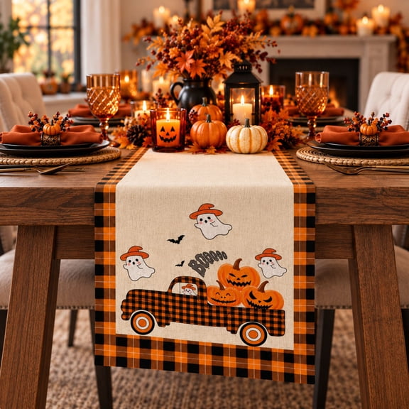 DecorX Halloween Table Runner, Pumpkin Ghost Truck Buffalo Plaid, 14 x 72 in