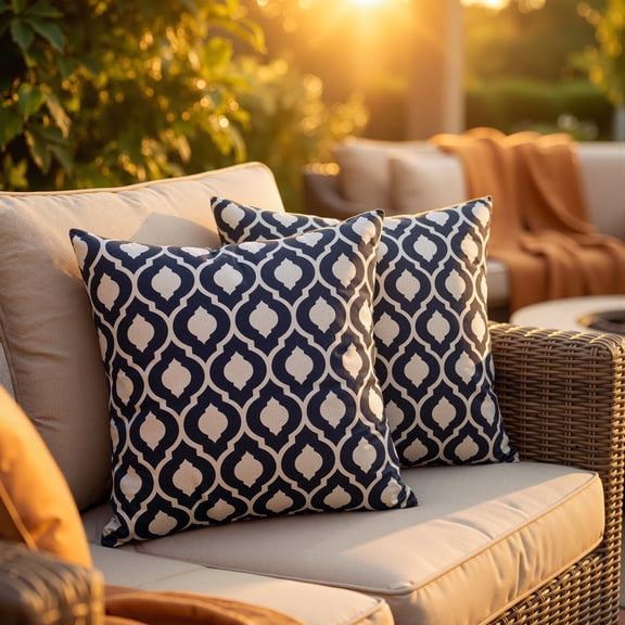 DecorX Weather Resistant 18x18 in Modern Moroccan Oasis Outdoor Pillow Covers, Blue and White, 2 Count