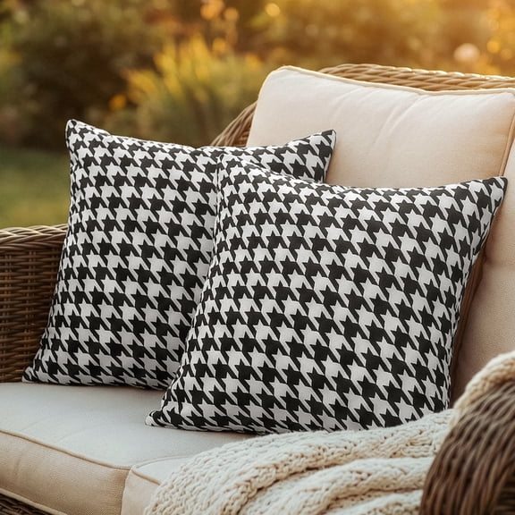 DecorX Weather Resistant 18x18 in Glam Outdoor Pillow Covers, 2 Count, Houndstooth Blue and White