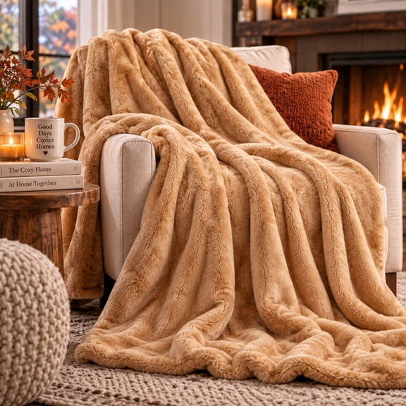 DecorX Plush Throw Blanket 50x60, Dual-Sided Flannel Fleece, Camel Brown