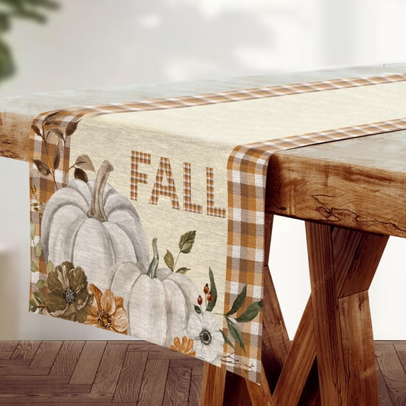 DecorX Table Runner Fall Pumpkin Buffalo Plaid Autumn Thanksgiving Floral Table Runners for Kitchen Dining or Indoor and Outdoor Home Parties 14 x 72 inch