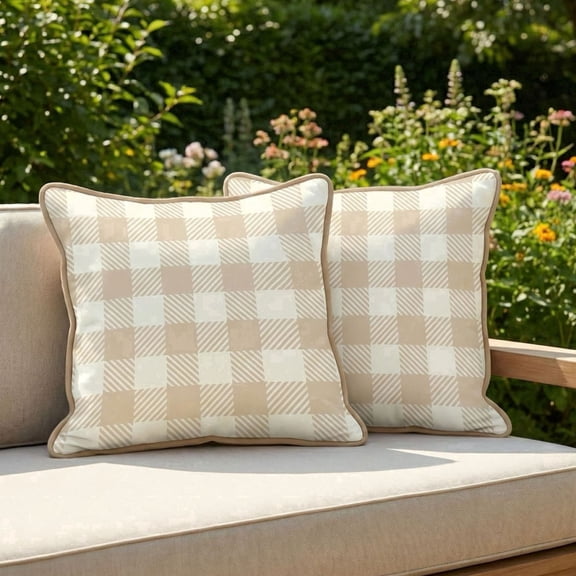 DecorX Waterproof Outdoor Pillow Covers 18x18, Set of 2, Beige & Ivory Buffalo Check Farmhouse, Hidden Zipper, Covers Only
