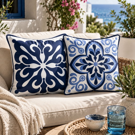 DecorX Waterproof Outdoor Pillow Covers 18x18, Set of 2, Blue & White Coastal Medallion, Hidden Zipper, Covers Only