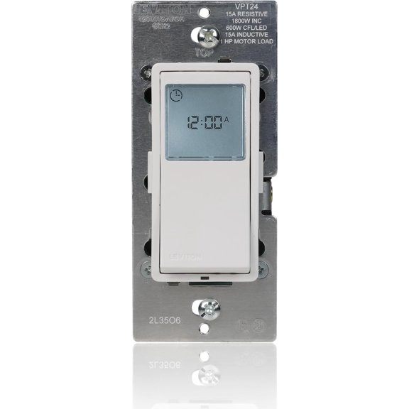Decora 24-Hour Programmable and Astronomical In-Wall Timer Switch for Lights and Motor Loads, Digital Light Switch Timer Indoor, Single Pole or 3-Way, Neutral Wire Required, VPT24-1LW, White