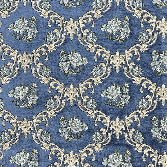 Decora Furnishings Vintage Damask Design Premium Chenille Jacquard Fabric for Upholstery, Craft - Width 54 inches - Fabric by The Yard (Blue)