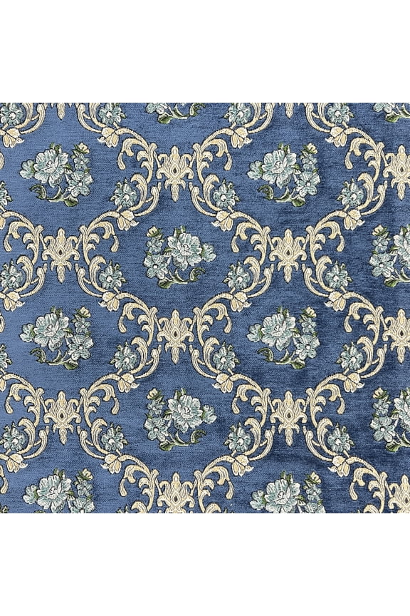 Vintage Damask Design Premium Chenille Jacquard Fabric for Upholstery, Craft - Width 54 inches - Fabric by The Yard (Blue)