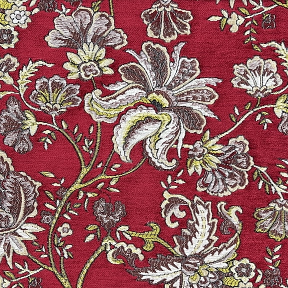Decora Furnishings Vintage Retro Floral Design Premium Chenille Jacquard Fabric for Upholstery, Craft - Width 54 inches - Fabric by The Yard (Red)