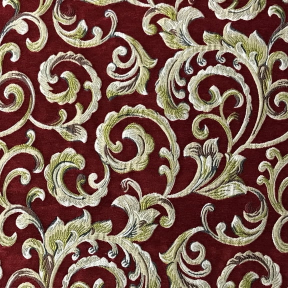 Decora Furnishings Vintage Retro Floral Vine Chenille Jacquard Fabric - 54in (Red)