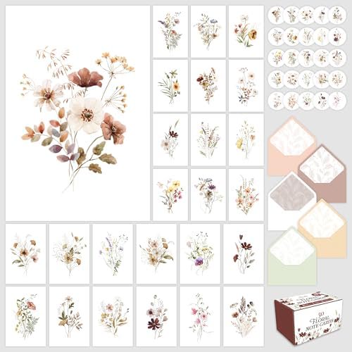 Decorably 50 Pack 4x6in Floral Blank Flower Note Cards with Envelopes and Stickers, 25 Folded Beautiful Designs for Friends, Family and Loved Ones - Birthday, Wedding, Bridal Shower, Gifting, Mailing