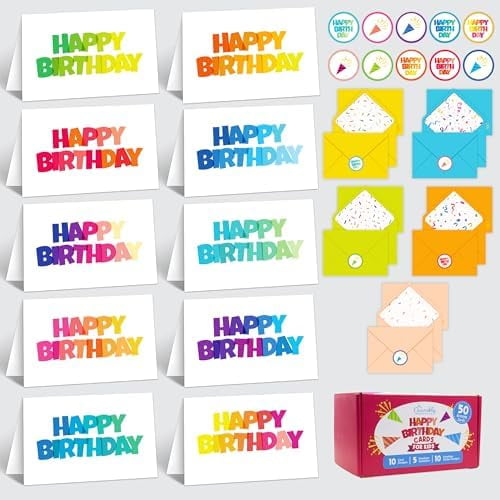 Decorably 50 Pack 6x4in Happy Birthday Cards Bulk with Envelopes and Stickers, 10 Folded Colorful Designs for Kids, Friends, Family and Loved Ones, Printed Message Inside, Gifting & Mailing$$Office