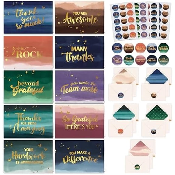 Decorably 50 Pack Gold Foiled 6x4in Watercolor Employee Appreciation Cards with Envelopes and Stickers, 10 Designs Folded Employee Thank You Cards for Employees, Blank Inside - Promotion, Anniversary